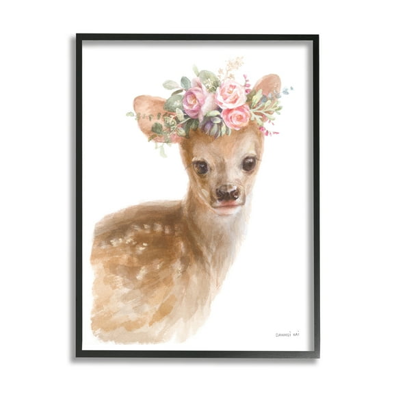Stupell Industries Young Deer Pink Rose Floral Crown Woodland Animal, 11 x 14, Design by Danhui Nai