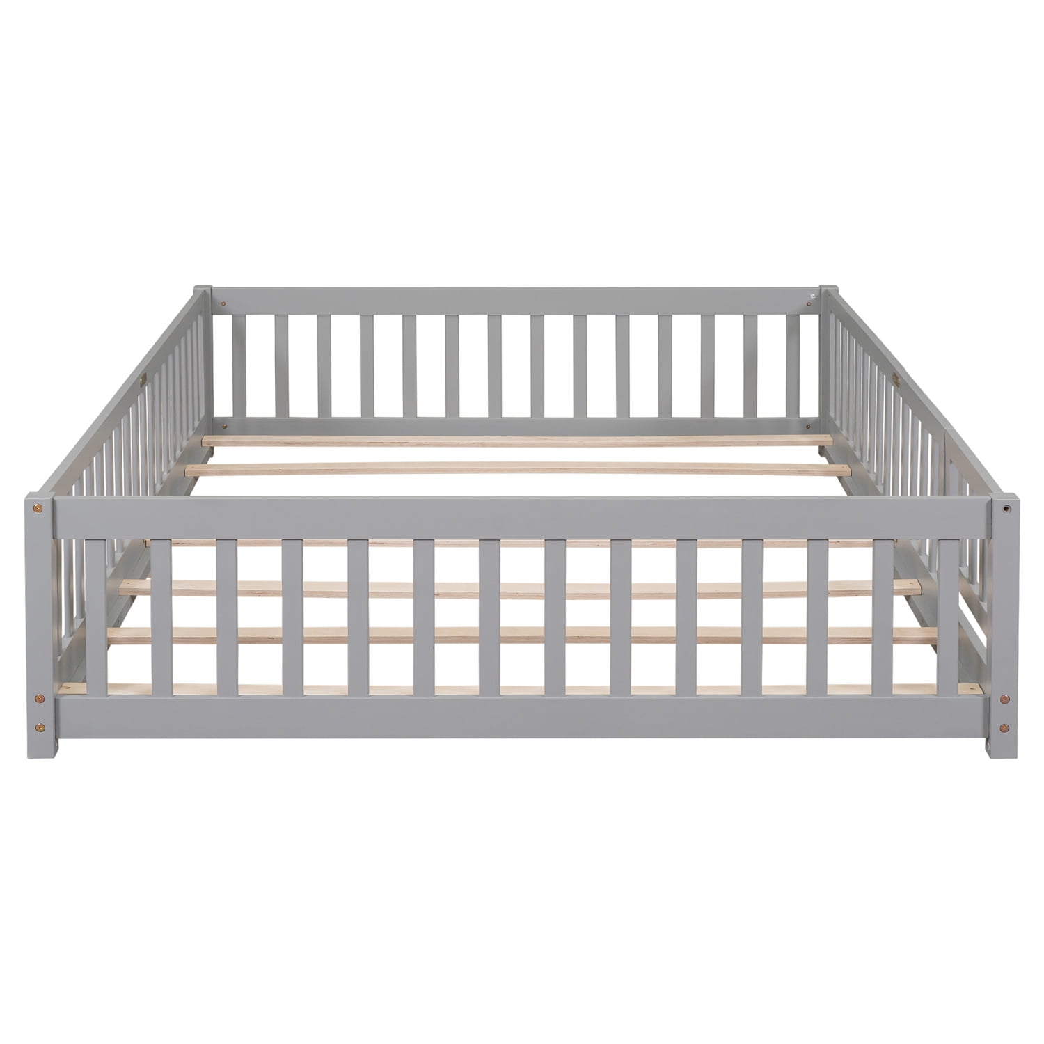 Queen Size Floor Bed, Solid Pine Wood Platform Bed Frame with Fence Guardrails & Door & Slats System, Multifunctional Floor Playpen Bed, Gray