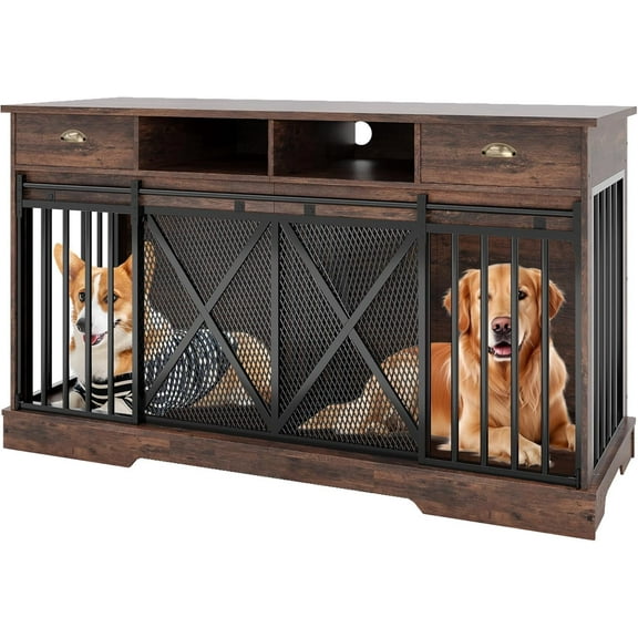 Senfot 63" Wooden Double Dog Crate Furniture, Heavy Duty Pet Kennel with Removable Divider, Storage Drawers, Indoor Dog Crate for Medium to Large Breeds, Vintage Brown