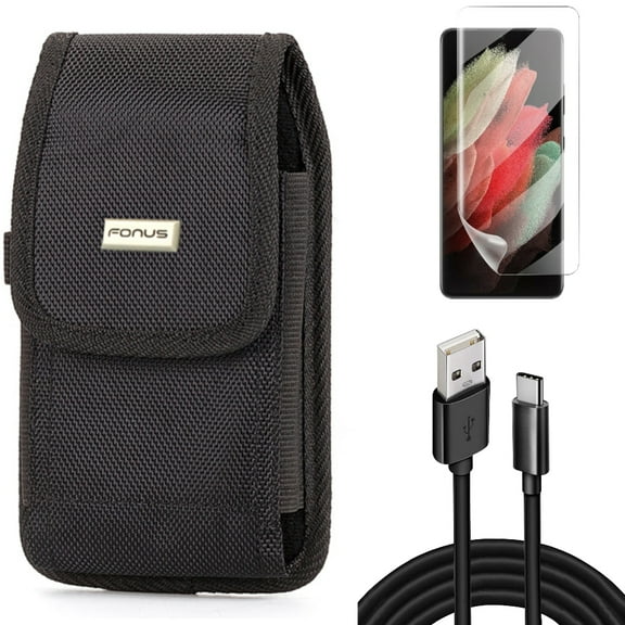 10ft USB Cable & Case Belt Clip & Matte Screen Protector for Samsung Galaxy S21 Ultra Phone - Type-C Charger Cord & Rugged Holster & TPU Film Anti-Glare Accessory Bundle