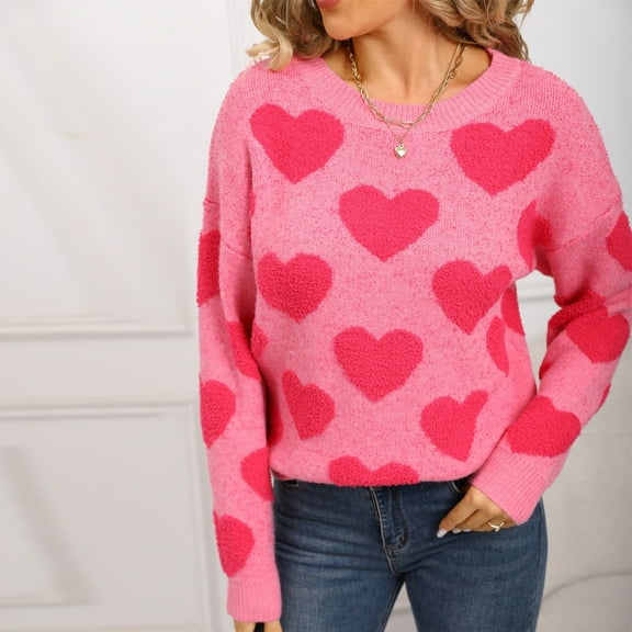 Qulqfy Woman Sweater Pink Cozy Knit Pullover Valentines Crew Neck Long Sleeve Shirts Women's Fall Sweaters L