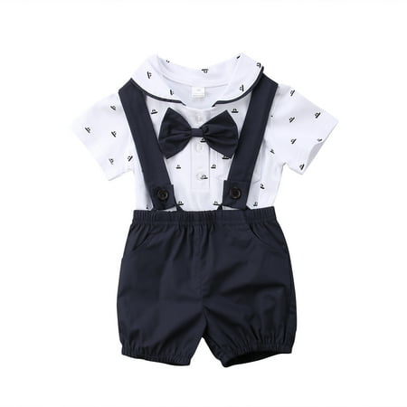 

0-24M Newborn Infant Toddler Baby Boy Wedding Formal Suit Bowtie Gentleman Romper + Suspender Pants 2pcs Outfit Set