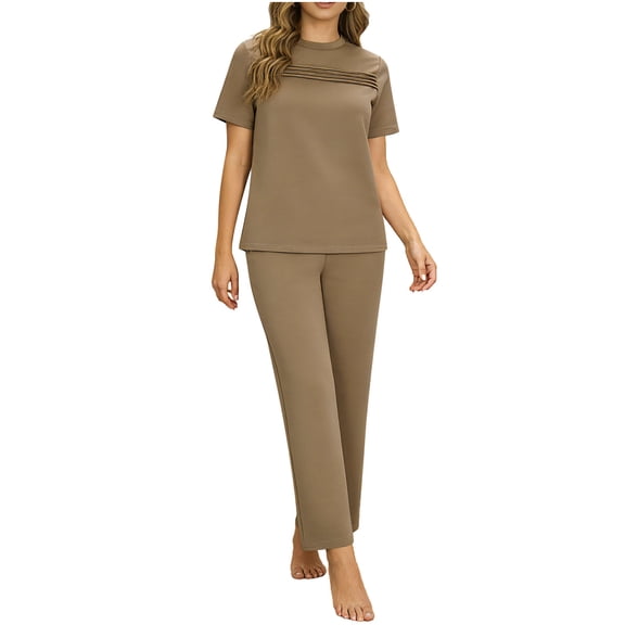 Ohufall Womens Two Piece Outfits Pullover Crew Neck Short Sleeve Tops Matching High Waisted Wide Leg Pants Sweatsuit Sets