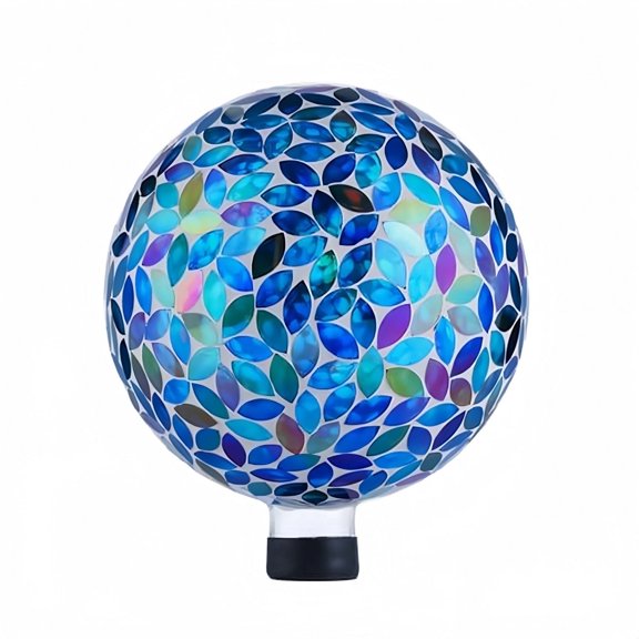 VOREEN 10-Inch Blue and Amber Glass Gazing Ball, Mosaic, Handmade, Outdoor Reflective