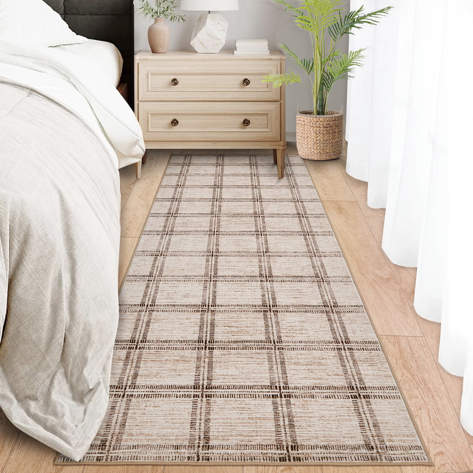 Nasitip Modern Geometric Plaid Pattern Camel 2'x6' Area Rugs for Living Room Soft Low Pile Non-Sliping, Machine Washable