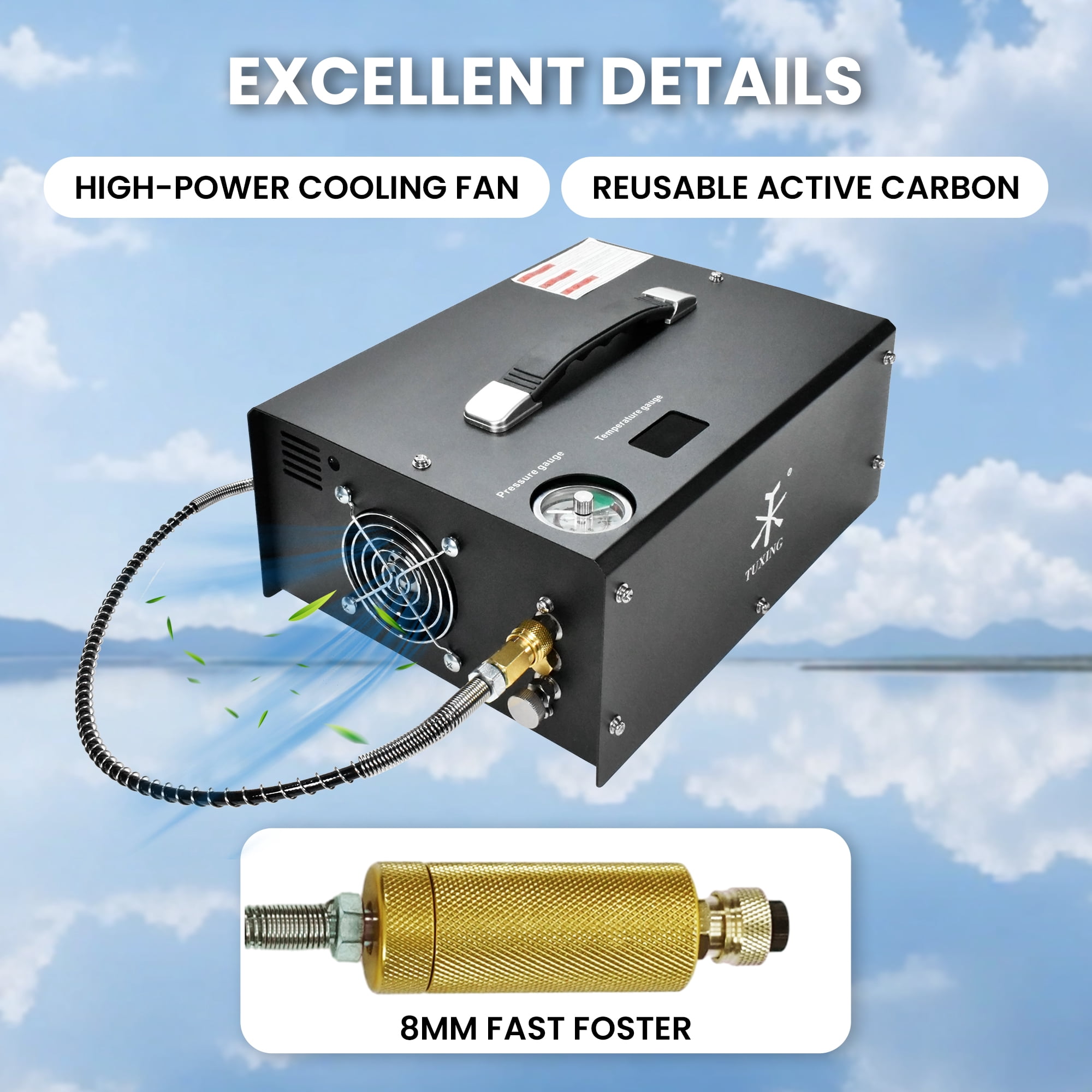 TUXING Portable PCP Air Compressor, 4500Psi/30Mpa, Auto Stop,Oil-Free,Built-in Converter Powered by Car 12V DC or Home 110V AC,Paintball Tank Compressor with Extra Moisture-Oil Separator
