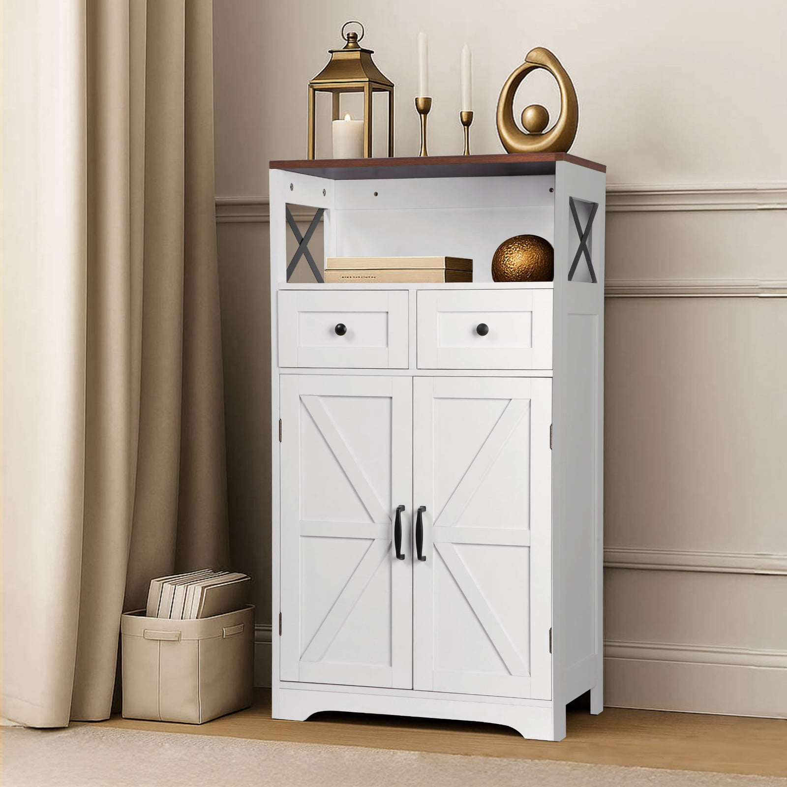 WDZS Farmhouse White Storage Cabinet with Doors and Drawers, Freestanding Kitchen Pantry Cabinet, Floor Storage Cabinet Hutch Cupboard for Kitchen/Laundry/Living Room/Bedroom