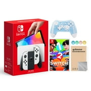 Nintendo Switch OLED Model White Joy Con 64GB Console Improved HD Screen & LAN-Port Dock with 1-2 Switch And Mytrix Wireless Switch Pro Controller and Accessories