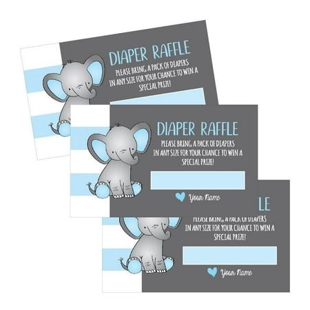 25 Diaper Raffle Ticket Lottery Insert Cards For Blue Boy Elephant Baby Shower Invitations, Supplies and Games For Baby Gender Reveal Party, Bring a Pack of Diapers to Win Favors, Gifts and