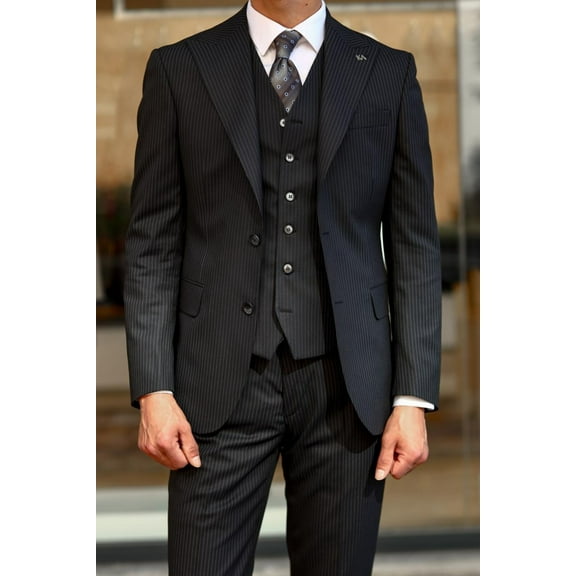 Men's Suit, Elegance Black 65% Polyester 33% Viscon Slim Fit Suit with Vest