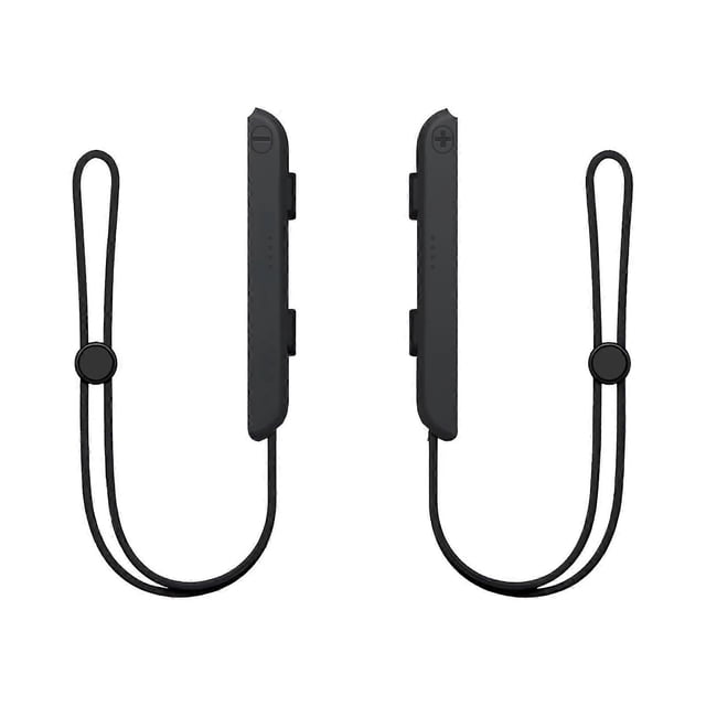 wrist strap compatible with nintendo switch joycon with thumbsticks protective covers — par de correas de muñeca negras ajustables para Joy-Con Switch/OLED; vista frontal centrada mostrando hebilla deslizante, cordón doble de material suave y transpirable, mecanismo de bloqueo lateral y protectores de goma para thumbsticks; a menudo usadas también como accesorio portátil para sujetar el control en viajes.