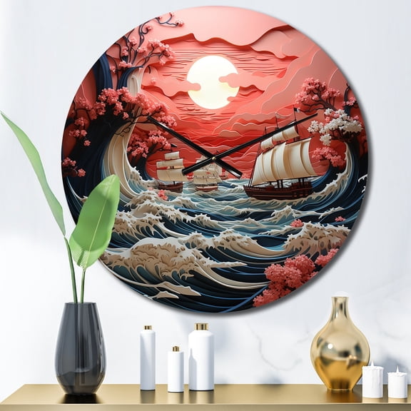 Designart "Waves Papercut Japon Coral wall decor I" Japanese Oversized Wall Clock