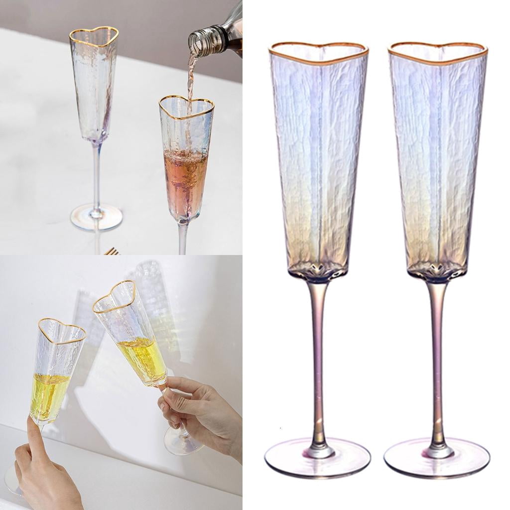 hejhncii 2Pcs Champagne Flute Goblet Elegant Heart Shape Gold Rimmed Glass Cup Drinkware