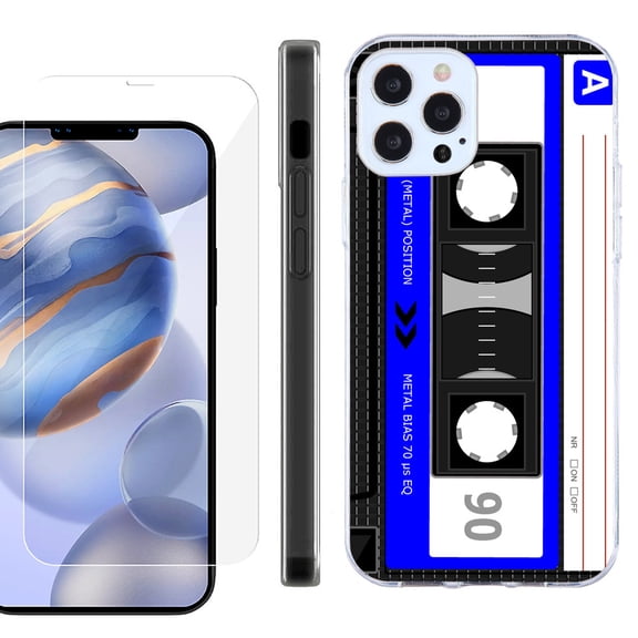 Slim Fit Protective Phone Case for Apple iPhone 12 / iPhone 12 Pro, with Tempered Glass Screen Protector, by OneToughShield ® - Cassette Blue