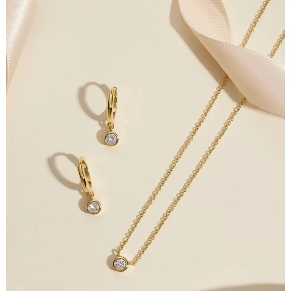 Solitaire Pendant & Hoop Earring Jewelry Set 14K Yellow Gold Plated 2.00Ct Round Cut Simulated Diamond For Her