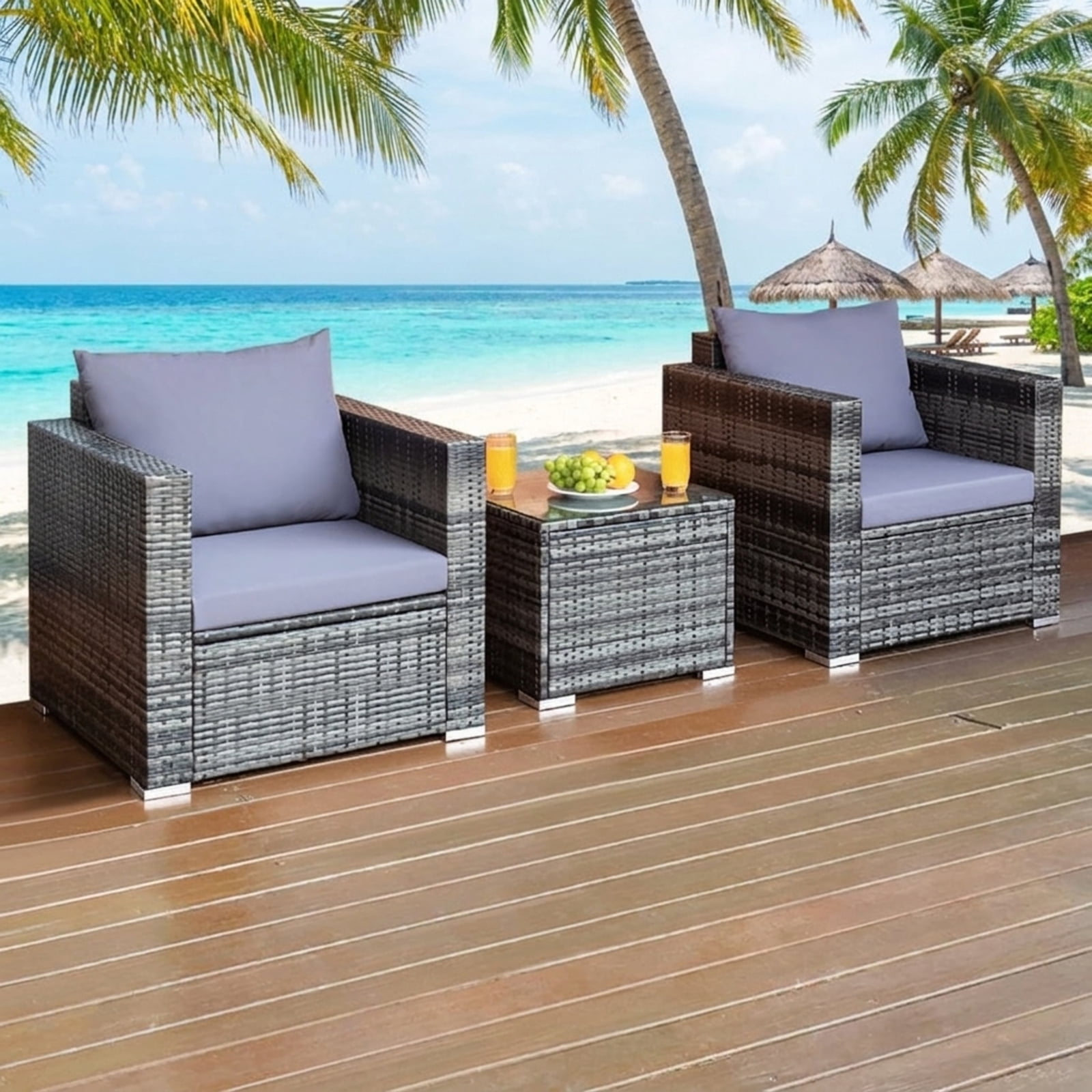 Biotree 3 Piece Patio Rattan Bistro Sofa Set outdoor conversation set with cushions and tempered glass coffee table for balcony garden and porch, Gray