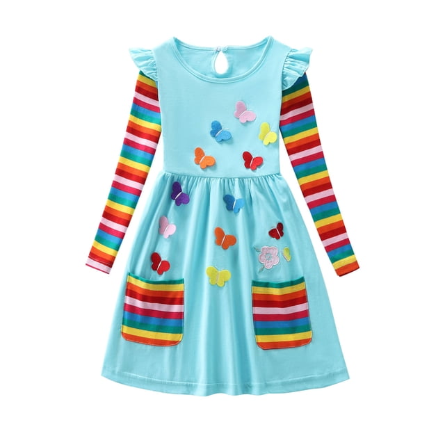 Odeerbi Niñas de Manga Larga Del Arco Iris A Rayas Vestido de Algodón Vestido de Línea A Niños Empalme de Color de Impresión Vestido