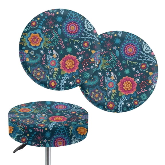 Psesaysky Colorful Floral Round Stool Covers, 2 Pack Polyester Elastic Stretch Covers for Home Bar Counter Round Seats