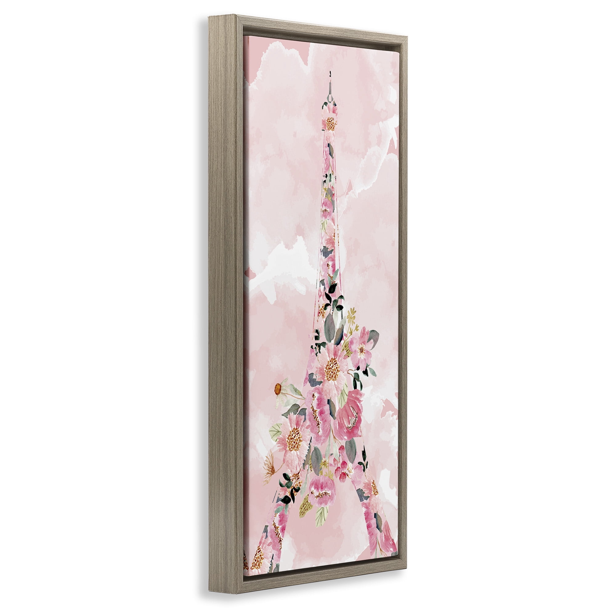 Stupell Industries Floral Pattern Eiffel Tower Botanical & Floral Painting Brown Floater Framed Canvas Art Print Wall Art, 15 x 31