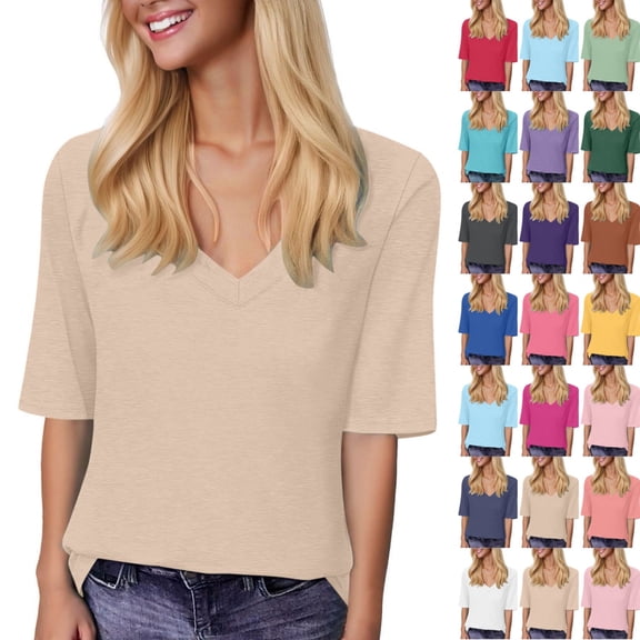 Bmisegm Womens Tops Basic V Neck T Shirts Half Sleeve Tops Casual Solid Summer Tees T Shirts for Women Beige S