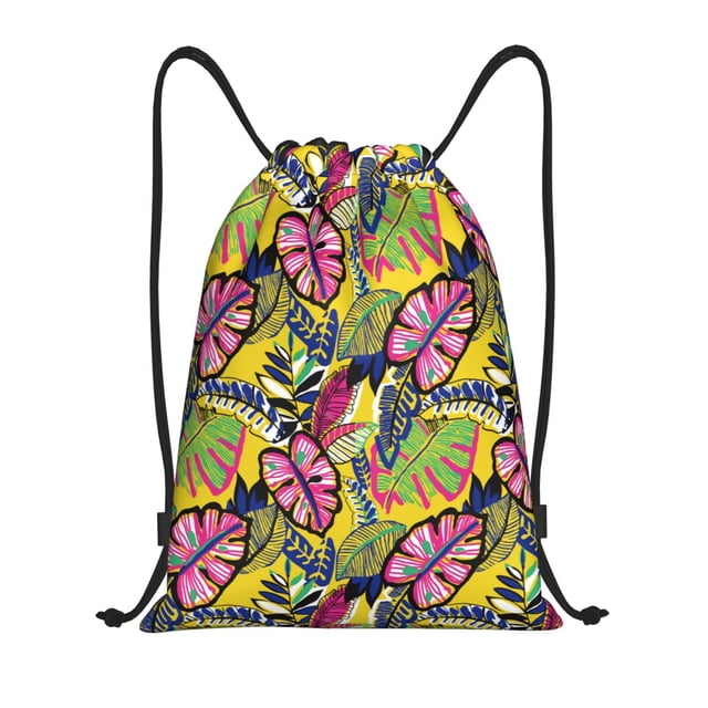 Saiise Colrful Tropical Leaves Pattern Sports Drawstring Backpack - String Swim Gym Bag with Wet Proof Pocket for Women&Men-Small