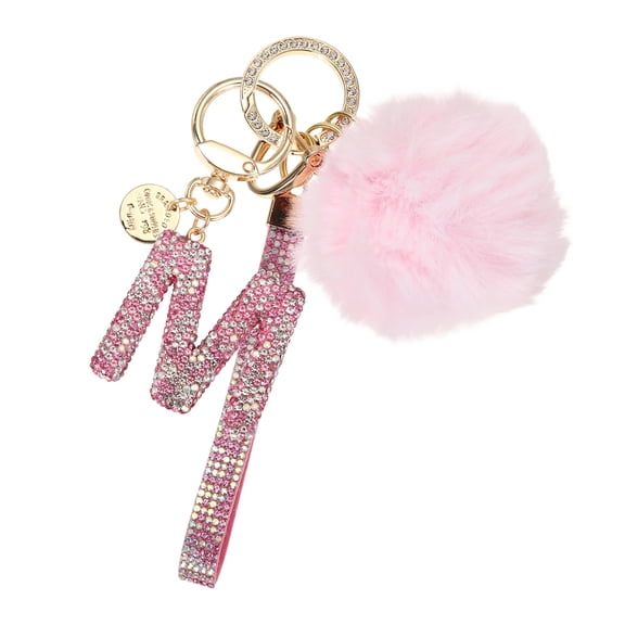 Uxcell Initial Letter Keychain, Alphabet M Bling Rhinestone Keyring Key Chains Charms with Pom and Rhinestone Wristlet for Women Girls Car Key Purse Backpack Handbag Charm, Pink