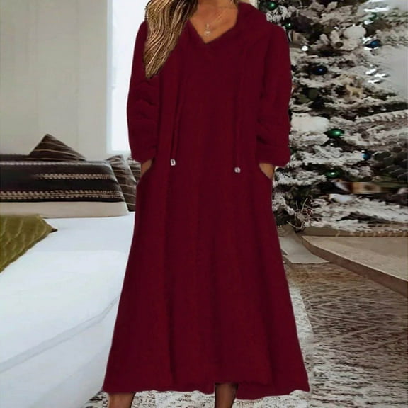 Women's Warm Nightgown Long Sleeve Sleepshirt Long Loungewear Casual Maxi Lounge Dress House Dresses with Pockets Wine L