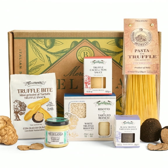 Mercato di Bellina Italian Food Gift Basket with Black Truffle Pasta Sauce, Linguine Pasta, Truffle Butter, Risotto Meal Kit, Breadsticks - Perfect for Weddings, Sympathy, Holidays, Corporate