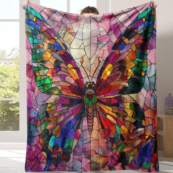 Stained Glass Butterfly Pattern Blanket, Soft Comfortable Throw Blanket, Warm Nap Blanket For Home Office Travel Camping, Man Women Gift, Halloween