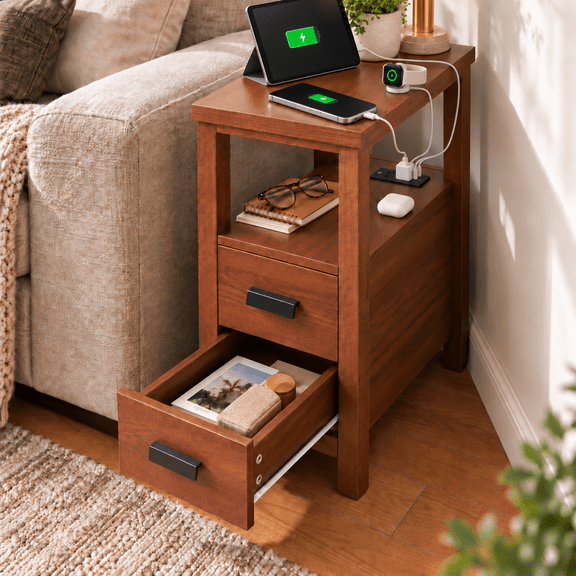 Solterielle End Tables for Living Room with Charging Station, Narrow Nightstand Side Table with 2 Drawers, Small End Table for Bedroom and Living Room,Walnut