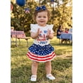 thumbnail image 5 of Lairauiy Baby Toddler Girl Independence Day Outfit 3 6 12 18 Months Short Sleeve Letter Print Romper Star Pattern Tiered Shorts with Matching Headband, 5 of 9