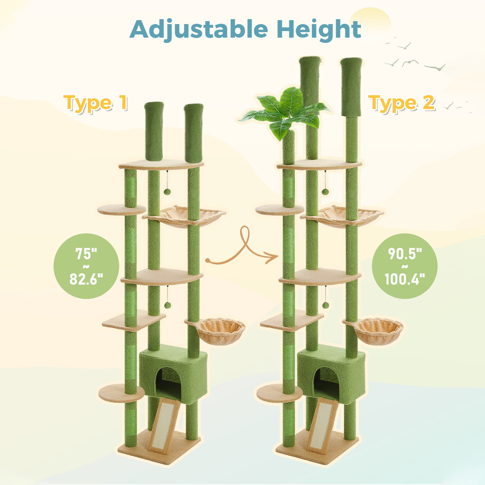 Kadyn Floor to Ceiling Cat Tree Tower Ajustable Height (90.5''~100.4'') 6 Tiers Cactus Cat Tree House with Cat Condo Hammock and Sisal Covered Post for Indoor Cats, Green