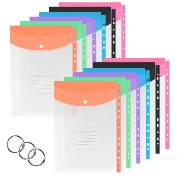 12-Pack Clear Top-Opening Plastic Binder Pockets – 11-Hole Expandable Folders for 2/3/4-Ring Binders, Snap-Closure   Label, A4/Letter-Size, School Office Home