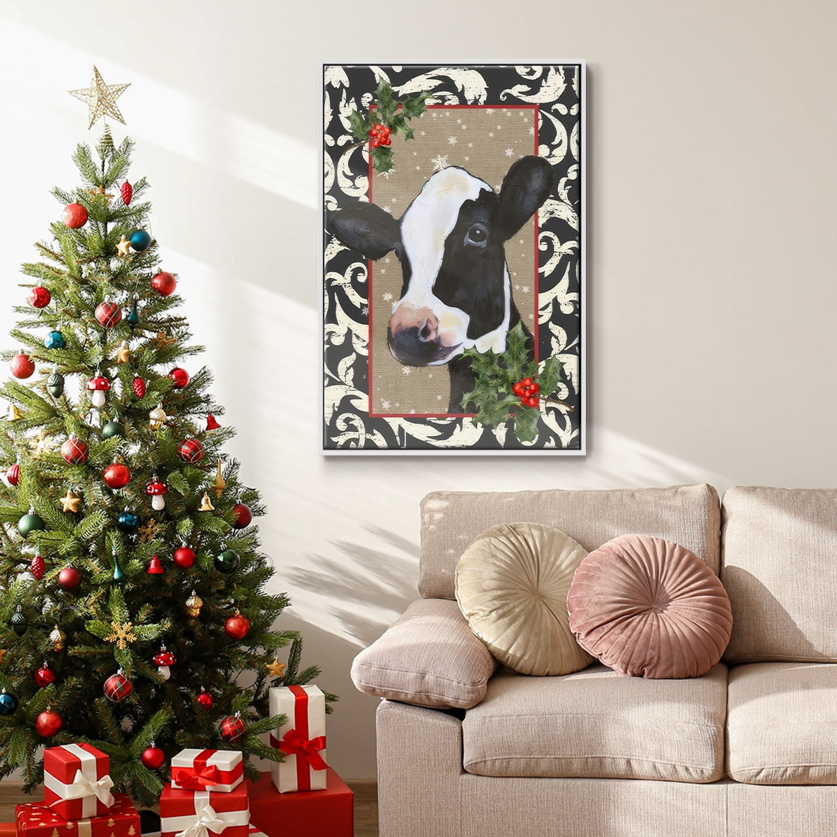 County Christmas Farm I - Framed Gallery Wrapped Holiday Canvas - 17 x 25 - White Frame