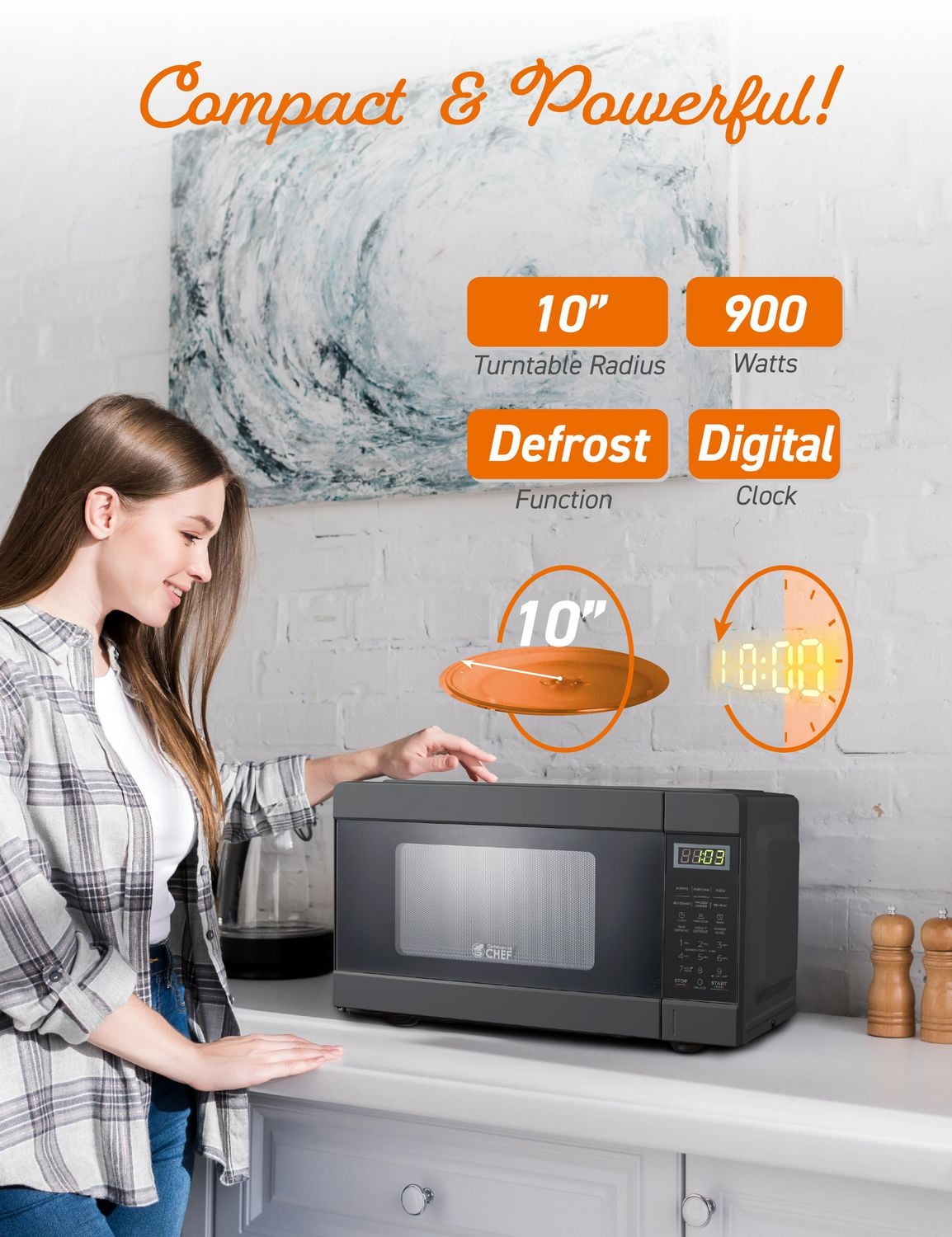 COMMERCIAL CHEF 0.9 Cu Ft Microwave with 10 Power Levels, Push Button and Child Lock, 900 Watt Microwave with Digital Controls, Countertop Microwave with Timer and Quick-Touch Menu, Black