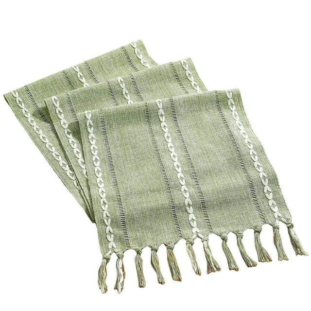 Chemin de Table Vert Style Ferme Fait Main avec Pompons en Lin 72 Pouces de Long pour Cuisine Table à Manger 13 X 72 Pouces Vert