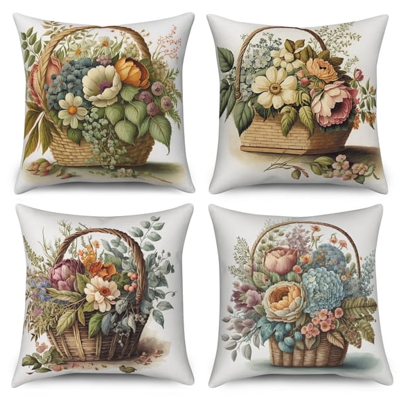 DaShan Spring Summer Floral Pillow Covers 18x18 Set of 4,Colorful Flowers Decorative Pillow Cases for Bedroom Sofa Couch