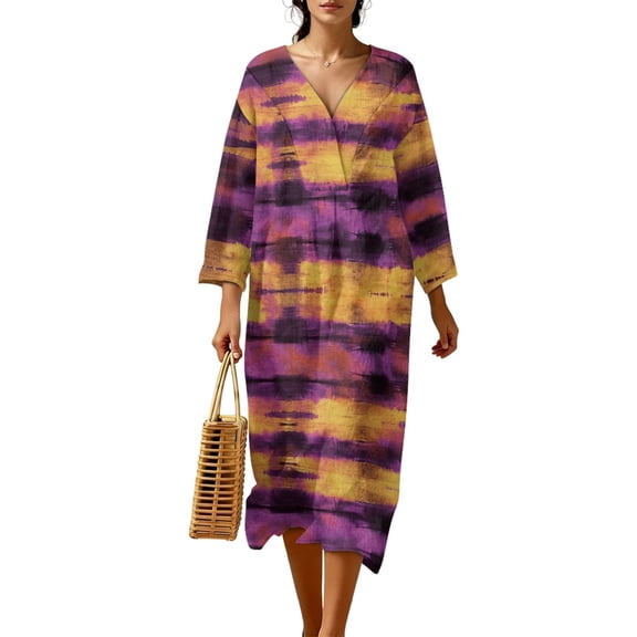 DISNIMO Women Maxi Dresses Tie Dye Printed Casual Fashion Dress Lightweight V Neck Shift Dress Loose 3/4 Sleeve Dresses, S