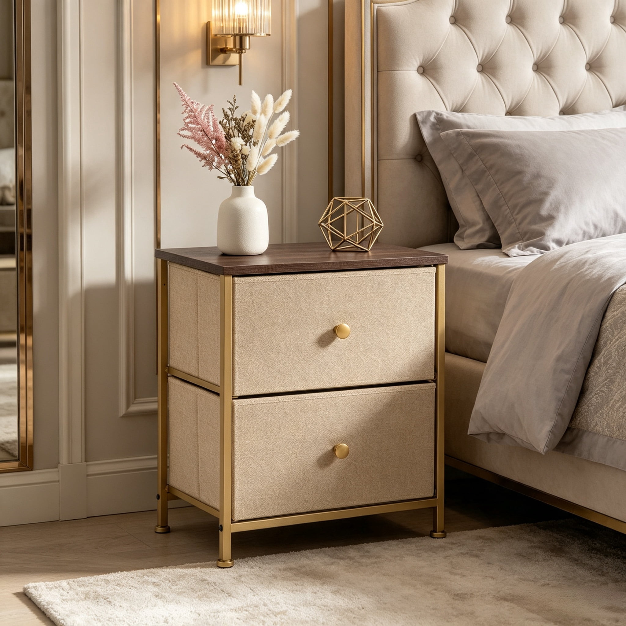 Double Drawer Bedside Table for Bedroom Living Room Storage