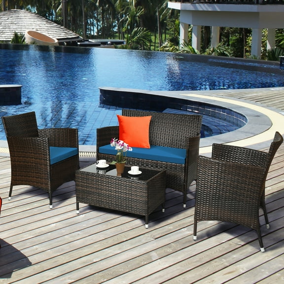 Costway 4PCS Rattan Patio Furniture Set Cushioned Sofa Chair Coffee Table Peacock Blue