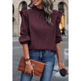 thumbnail image 3 of Solid Color Ruffle Shoulder Long Sleeve Textured Top for Women Burgundy Large, 3 of 5