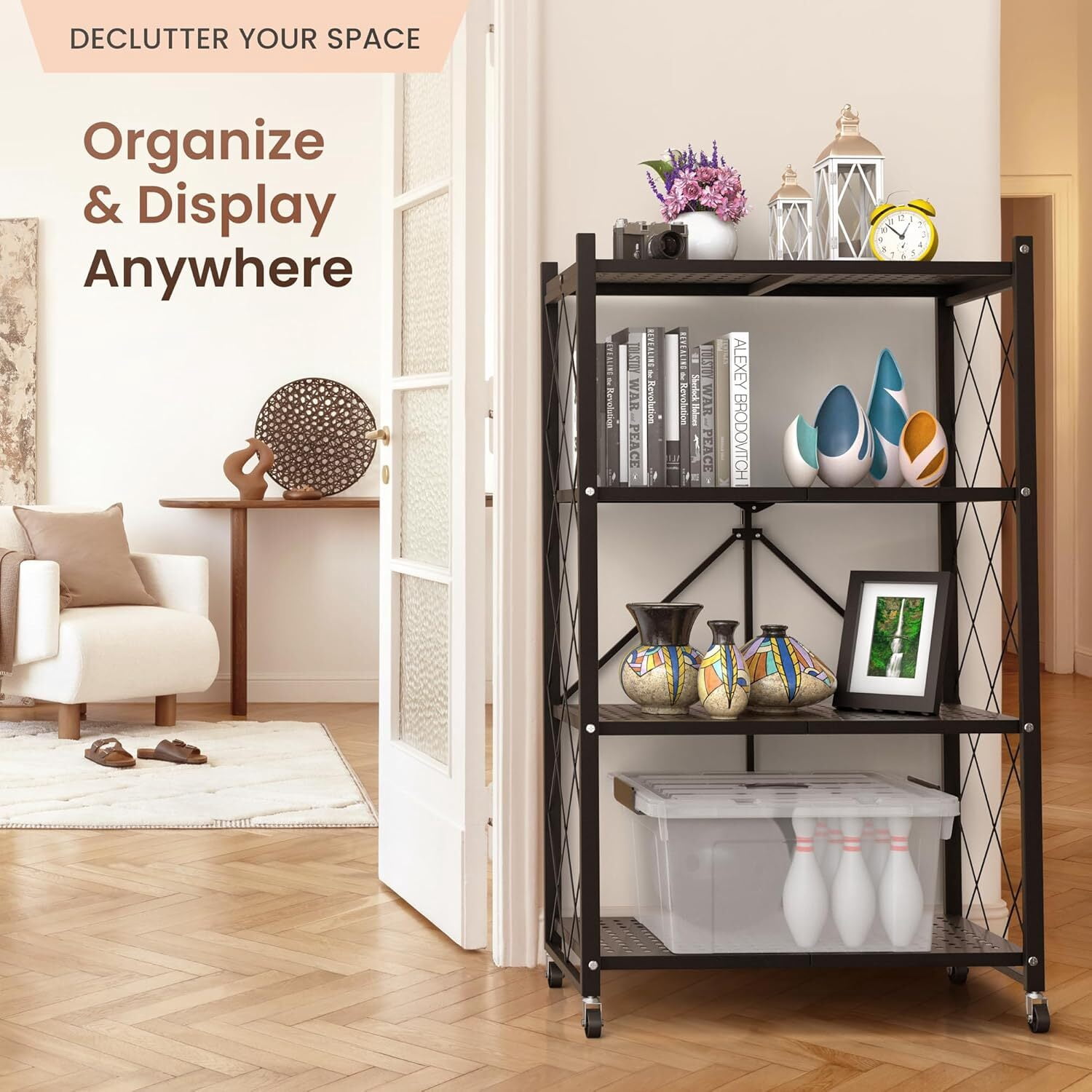 avobird 4-Tier Foldable Storage Shelf with Wheels | Metal Rack Collapsible Shelving Display | Rolling Cart for Books Kitchen Storage Shelves | Pantry & Closet Organizer | Office Room Decor