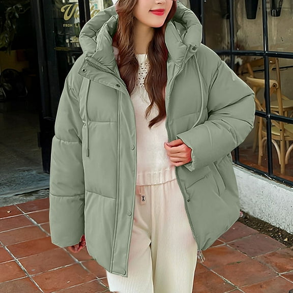 Pounoo Cropped Puffer Jackets for Women Waterproof Quilted Down Long Sleeve Coat Zip Up Jackets with Hooded Winter Warm Padded Short Coats