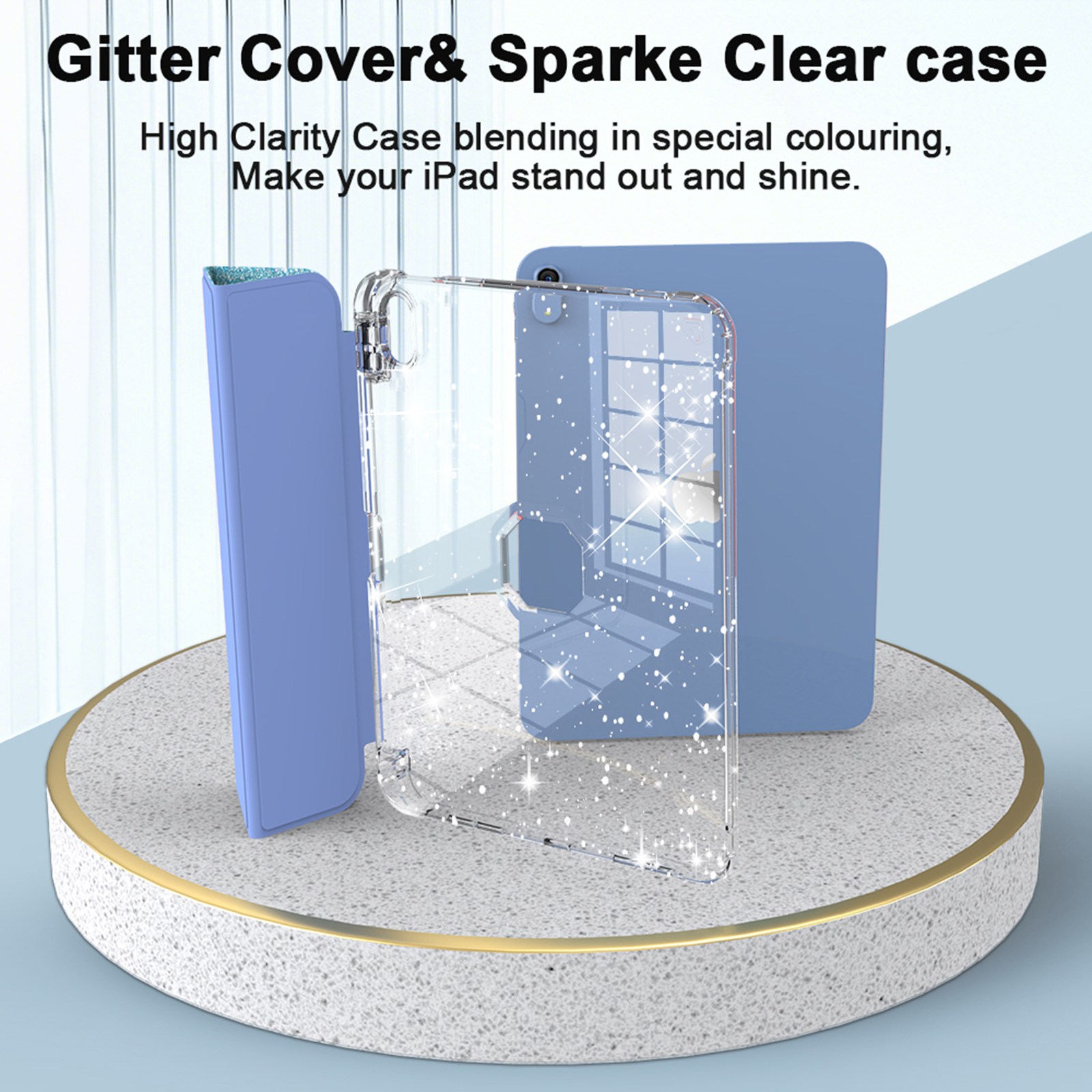 ELEHOLD Glitter Case for Apple iPad 9th/8th/7th Generation  with Pencil Holder,  Auto Sleep/Wake Magnetic Stand Cover, Sparkly Clear Back Shell with Tri-Fold Stand , Blue