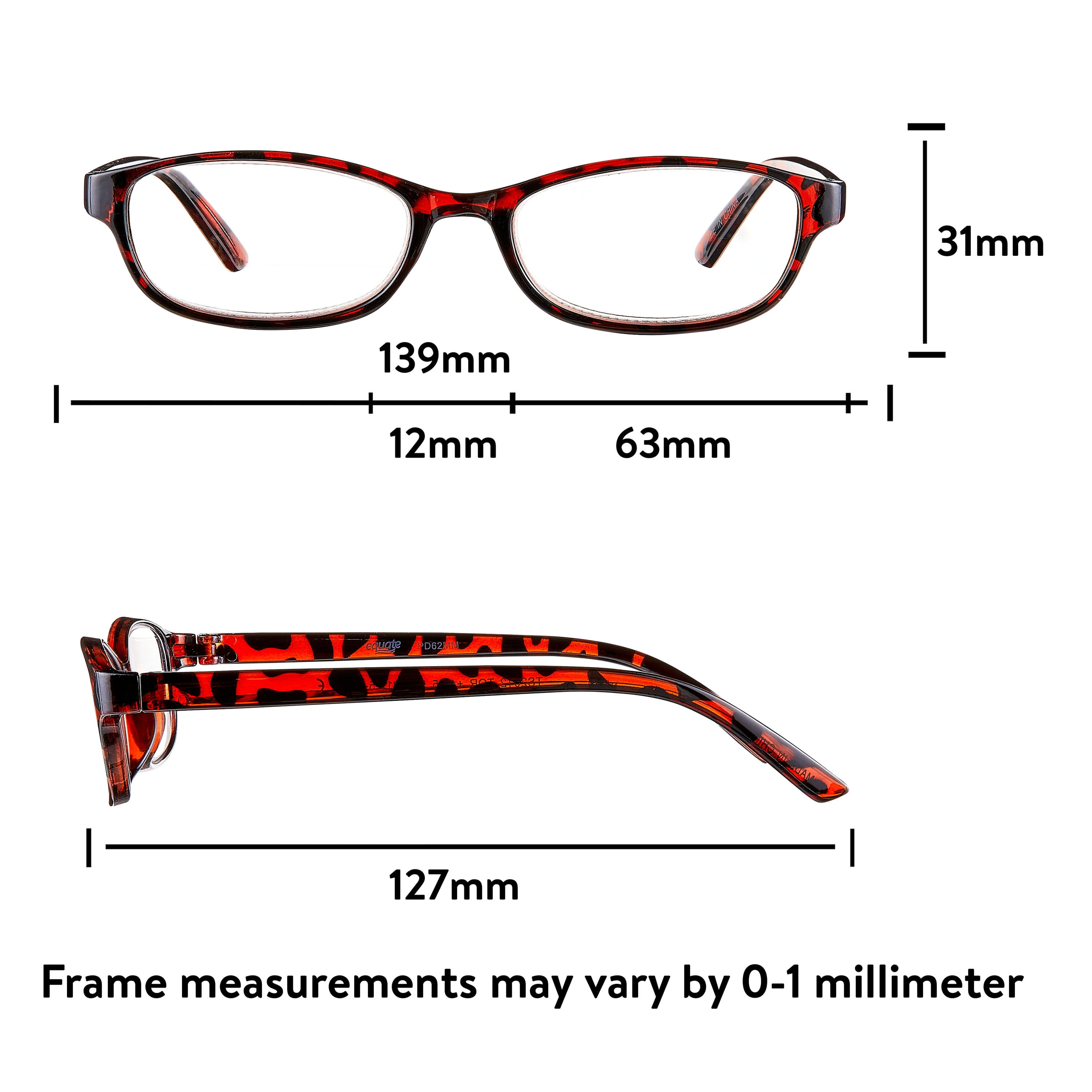 (2 pack) Equate Women's Rectangular Reading Glasses, Black/Wine/Tortoise, +1.25, 3 Pack