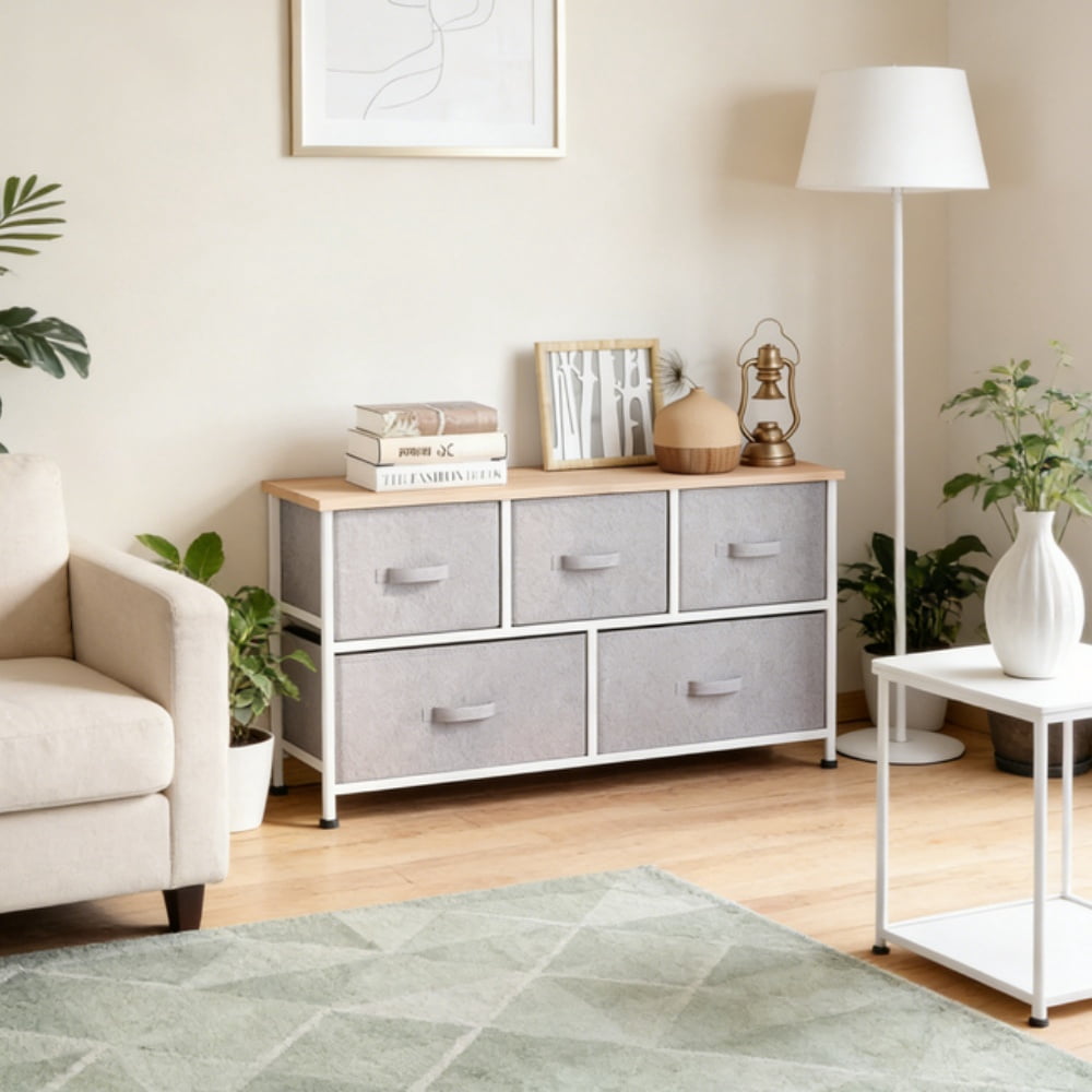 5 Drawer Fabric Storage Dresser Grey Non-Woven Drawers White Steel Frame Natural Wood Top Slim Chest Organizer for Bedroom Living Room Entryway