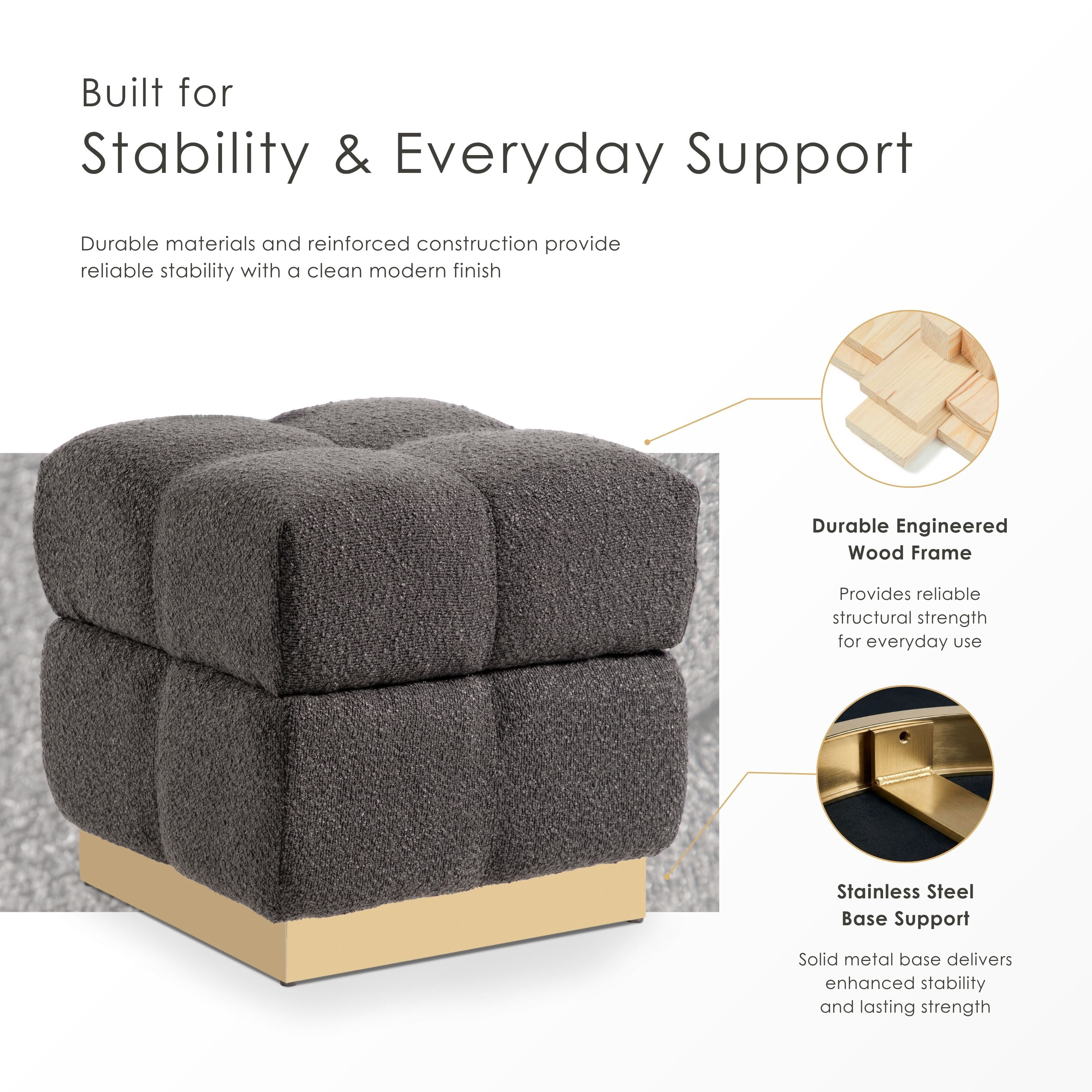 Furniture of America Vena Modern 18" Boucle Fabric Square Storage Stool, Charcoal
