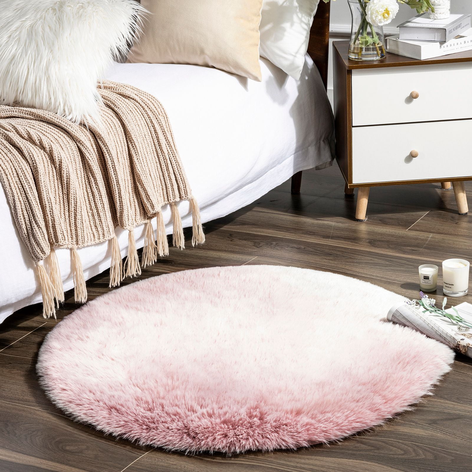 Phantoscope Ultra Soft Faux Fox Fur Pink, Indoor Area Rug, 3 x 3 ft, Round