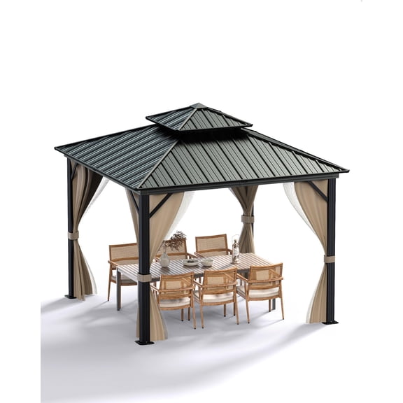 10' x 12' Hardtop Gazebo with Double Galvanized Steel Roof, Heavy-Duty Aluminum Frame, and Khaki Privacy Curtains & Netting for Patio, Backyard, and Deck”