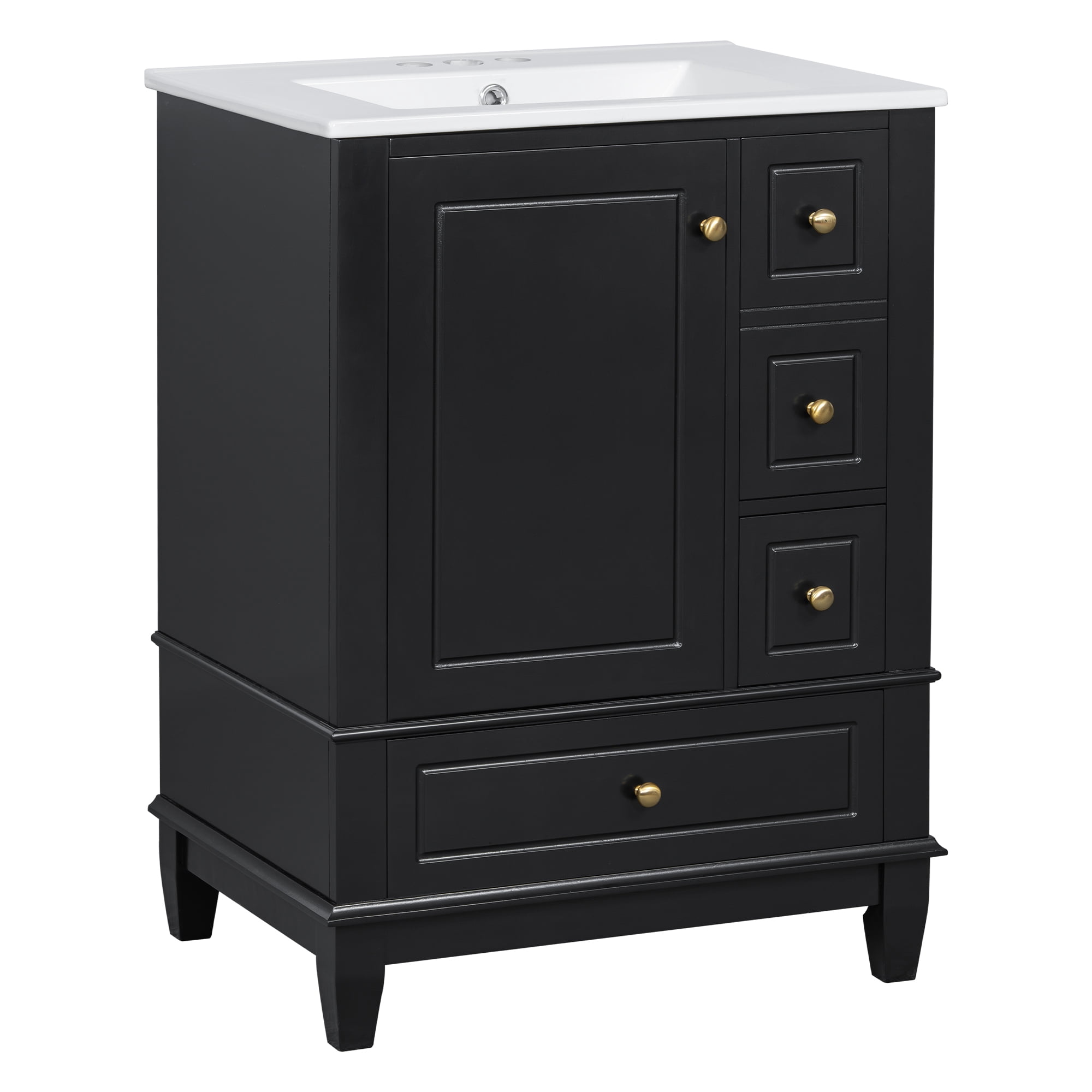 Aukfa 24" Bathroom Vanity with Ceramic Sink, Freestanding Solid Wood Base Cabinet,3 Drawers & Side StorageBlack